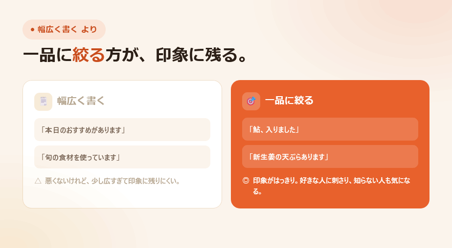 幅広い投稿より一品に絞った投稿の方が印象に残る比較図